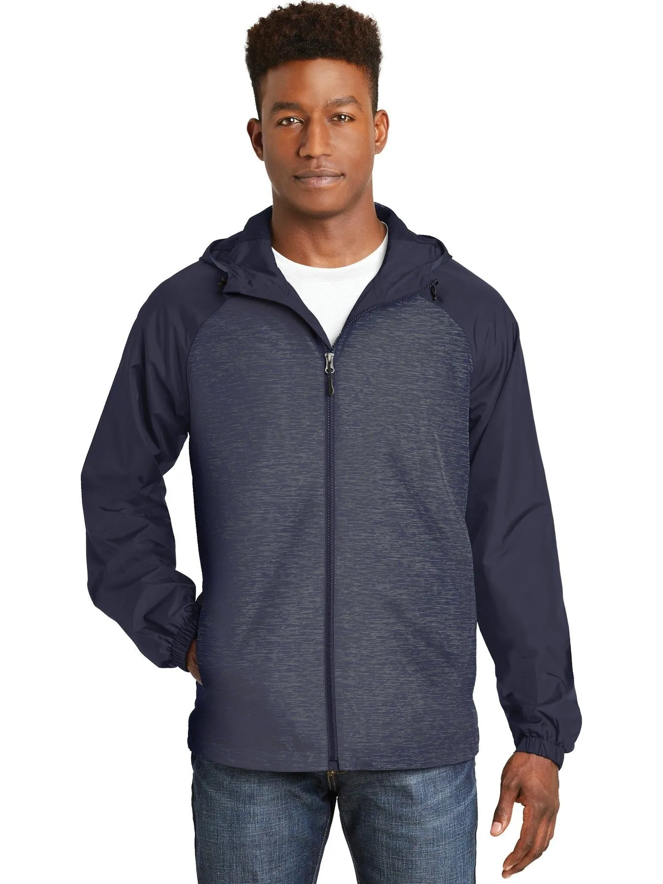 Sport-Tek Heather Colorblock Raglan Hooded Wind Jacket