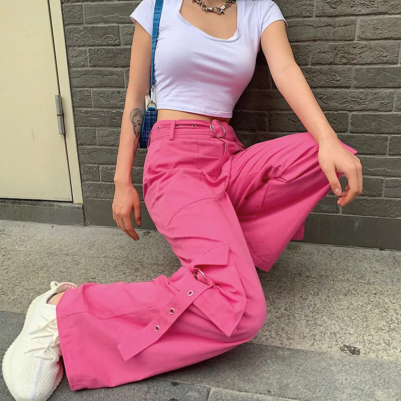 STREET FASHION PASTEL PINK HIGH WAIST POCKET PANTS BY55522