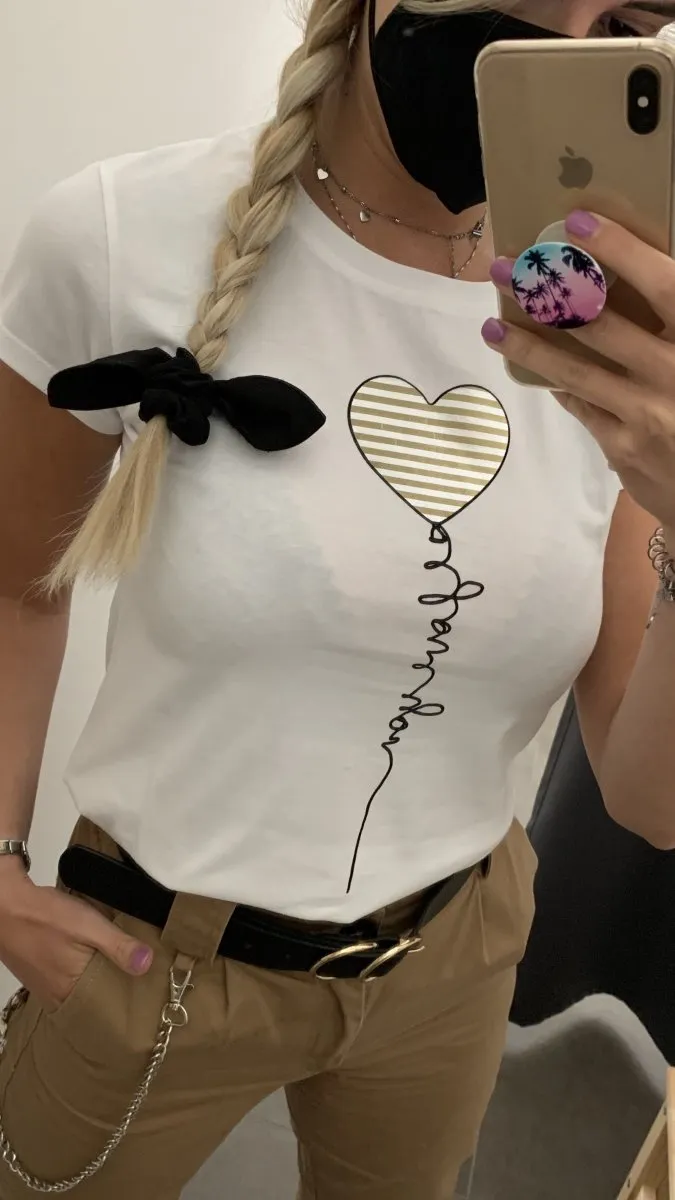 T-Shirt bianca con stampa cuore oro e argento