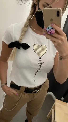 T-Shirt bianca con stampa cuore oro e argento