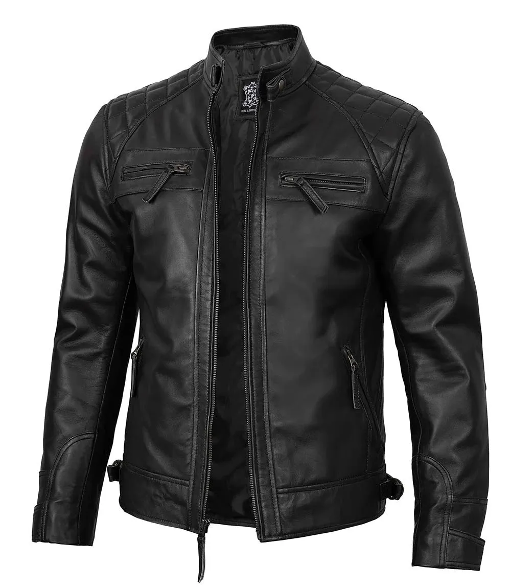 Tall Diamond Mens Black Cafe Racer Biker Jacket