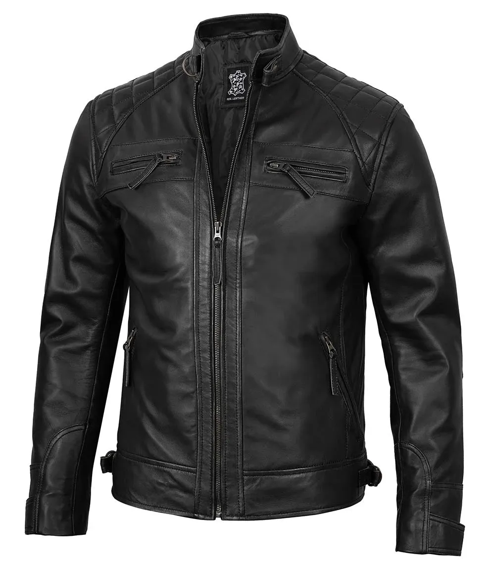 Tall Diamond Mens Black Cafe Racer Biker Jacket