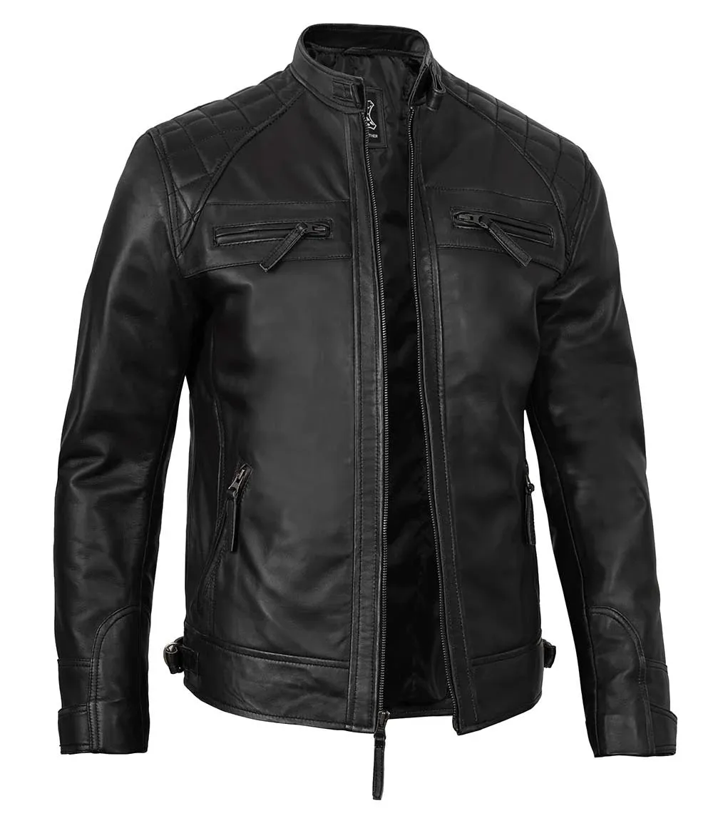 Tall Diamond Mens Black Cafe Racer Biker Jacket