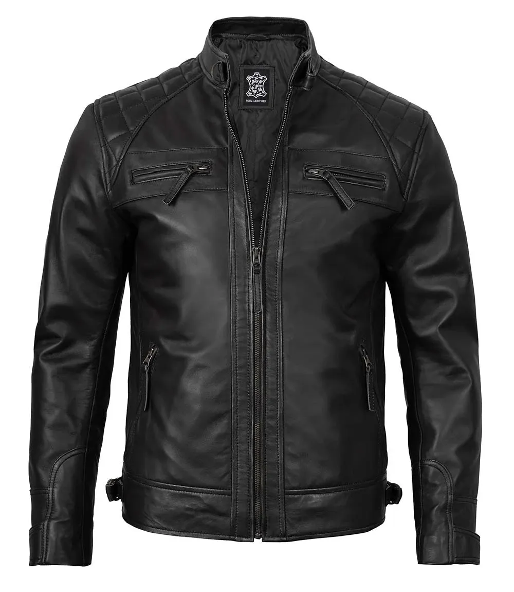 Tall Diamond Mens Black Cafe Racer Biker Jacket