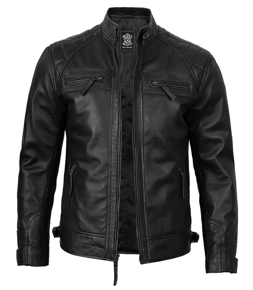 Tall Diamond Mens Black Cafe Racer Biker Jacket