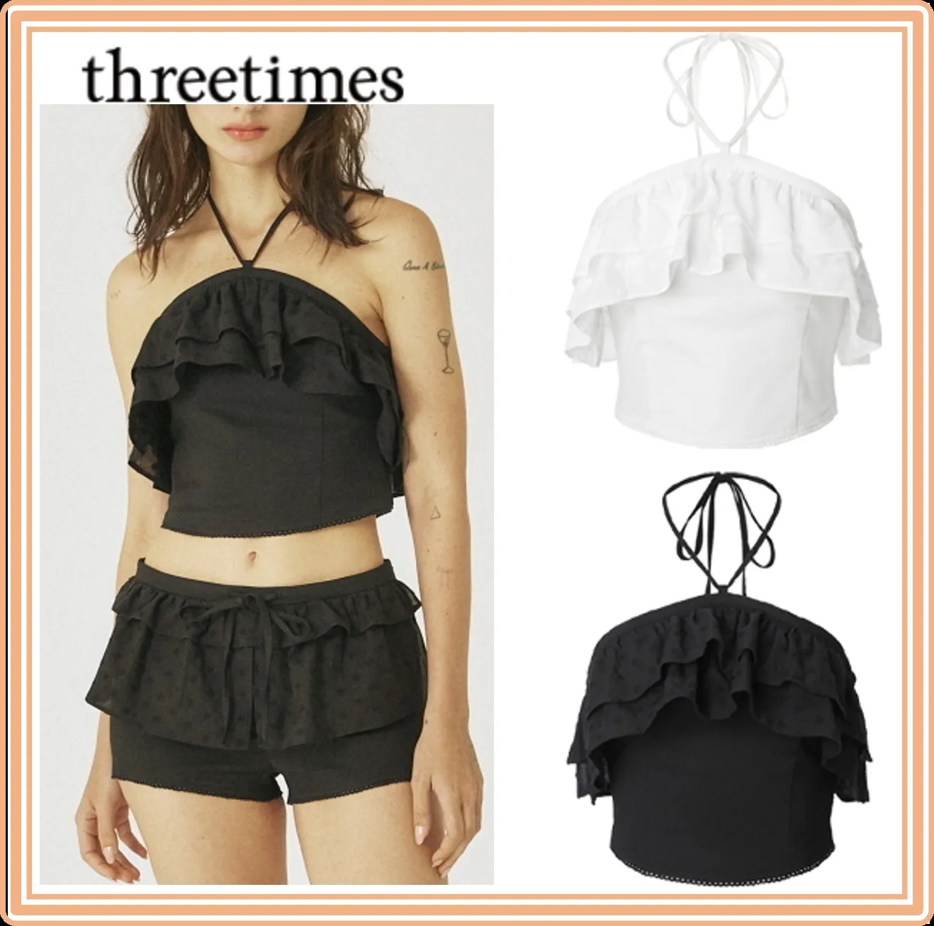 threetimes  |Sleeveless Halter Neck Street Style Plain Cotton