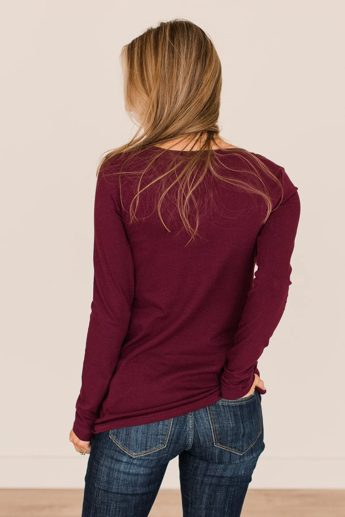 Trust The Timing Long Sleeve Top- Dark Burgundy