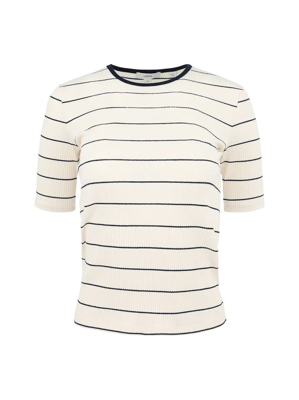 Vince Striped Ribbed Stretch-Cotton Elbow-Sleeve T-Shirt in Flaxen/Deep Lake