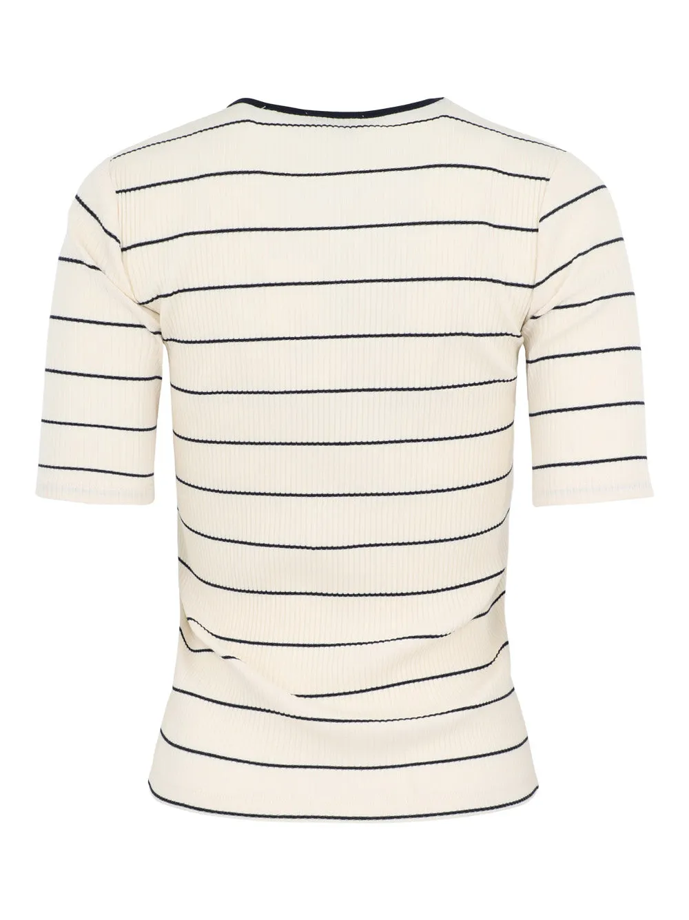 Vince Striped Ribbed Stretch-Cotton Elbow-Sleeve T-Shirt in Flaxen/Deep Lake