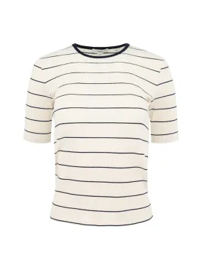 Vince Striped Ribbed Stretch-Cotton Elbow-Sleeve T-Shirt in Flaxen/Deep Lake