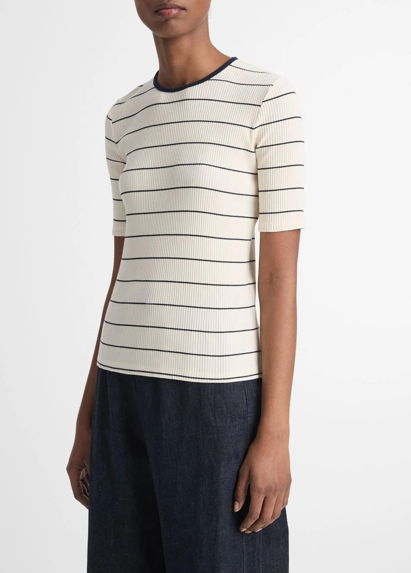 Vince Striped Ribbed Stretch-Cotton Elbow-Sleeve T-Shirt in Flaxen/Deep Lake