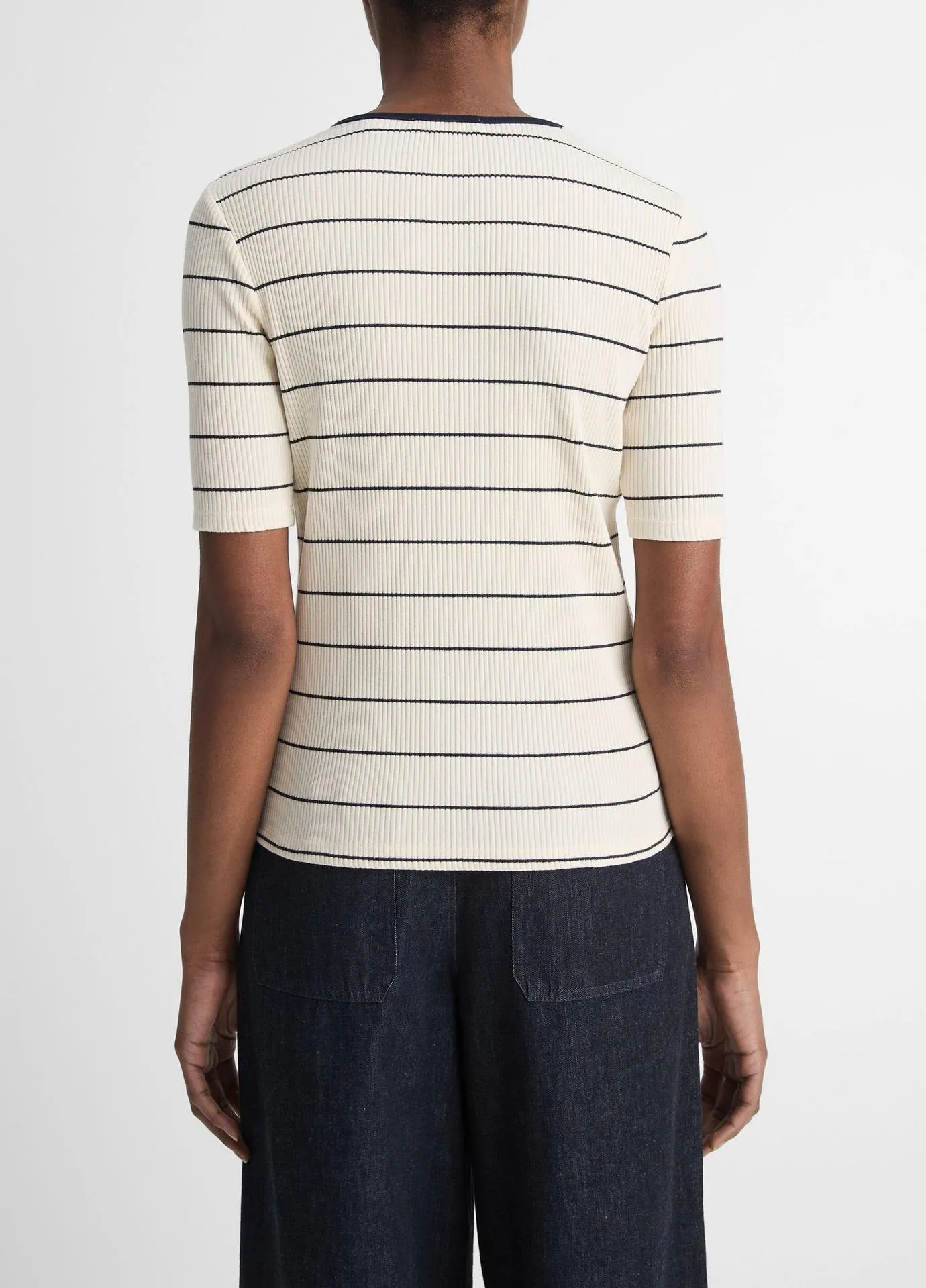 Vince Striped Ribbed Stretch-Cotton Elbow-Sleeve T-Shirt in Flaxen/Deep Lake