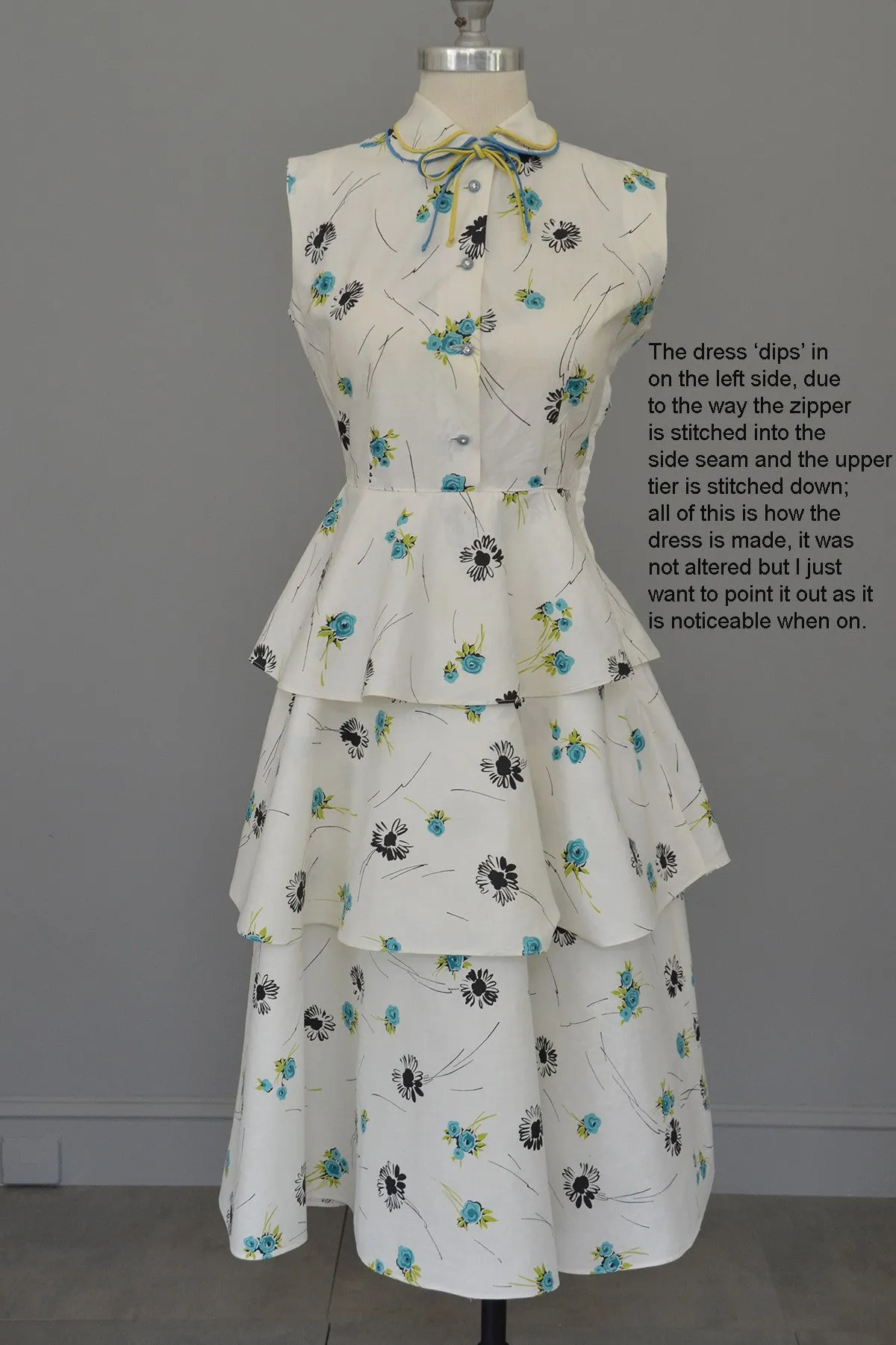 Vintage 40s 50s White Cotton Floral Print Tiered Dress