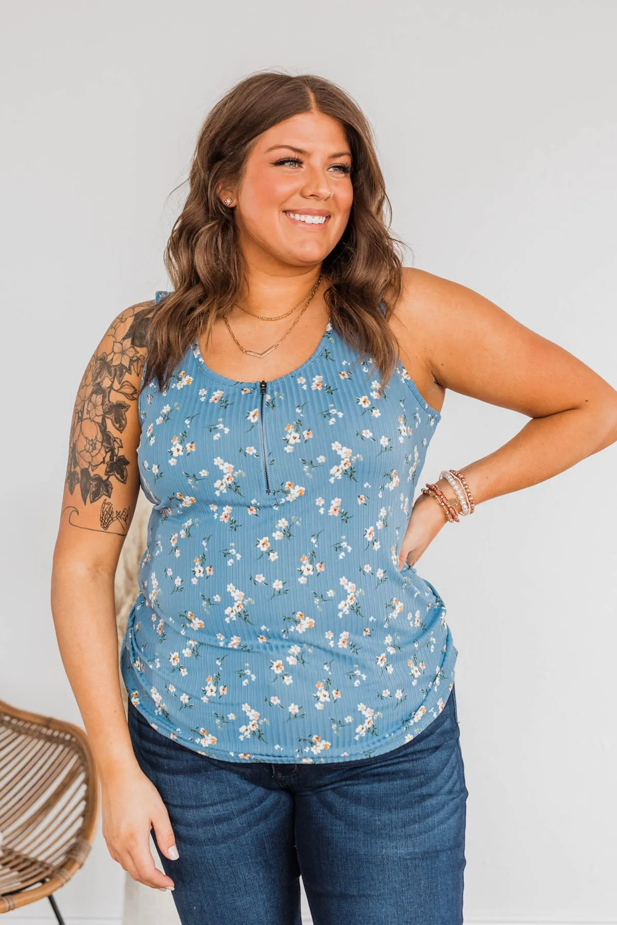 Walking Through Life Floral Tank Top- Blue