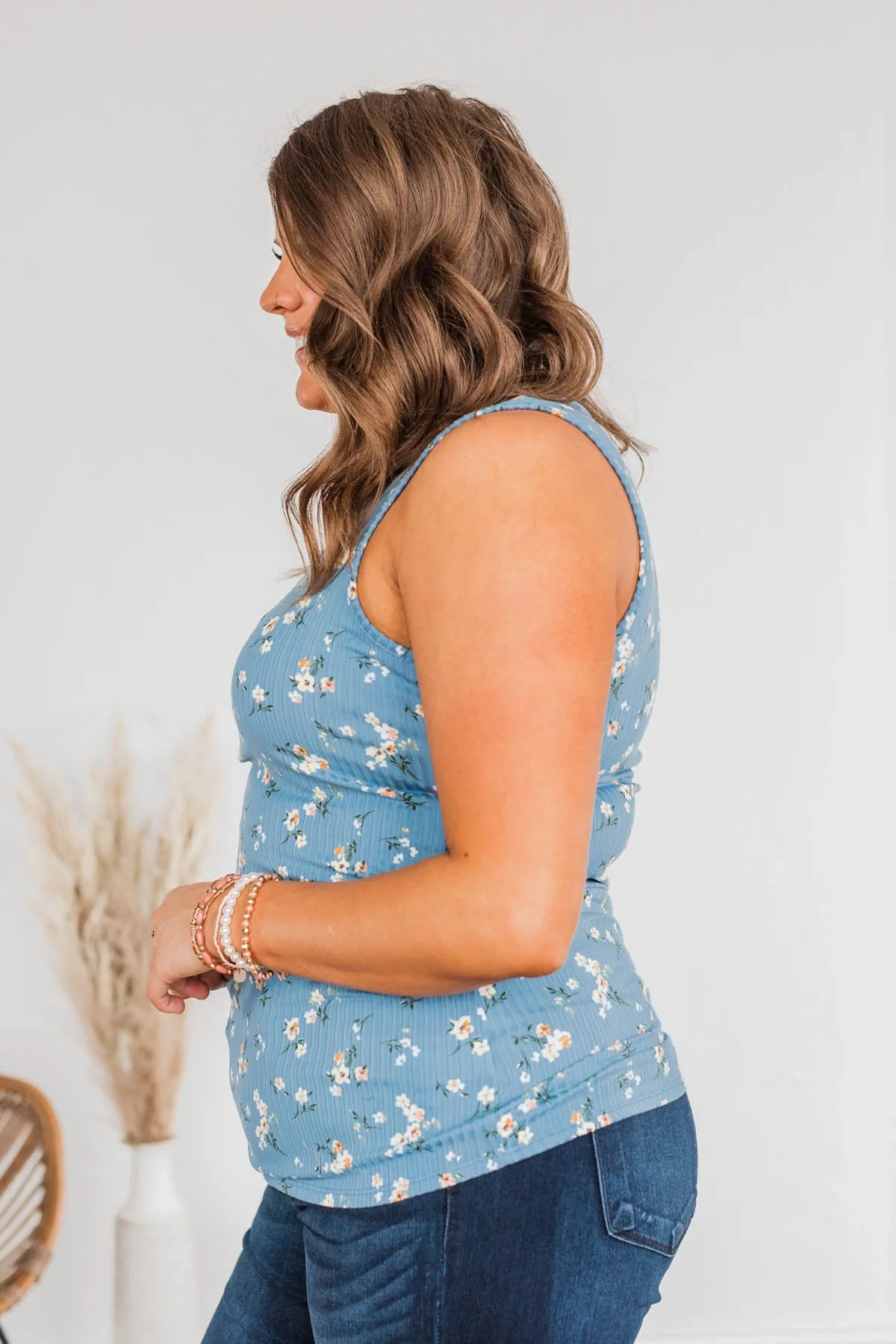 Walking Through Life Floral Tank Top- Blue