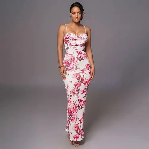 Women's Strap Dress Sexy Streetwear Strap Printing Sleeveless Flower Maxi Long Dress Holiday