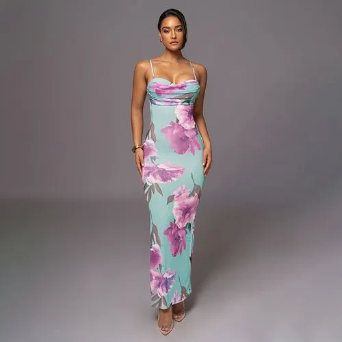 Women's Strap Dress Sexy Streetwear Strap Printing Sleeveless Flower Maxi Long Dress Holiday