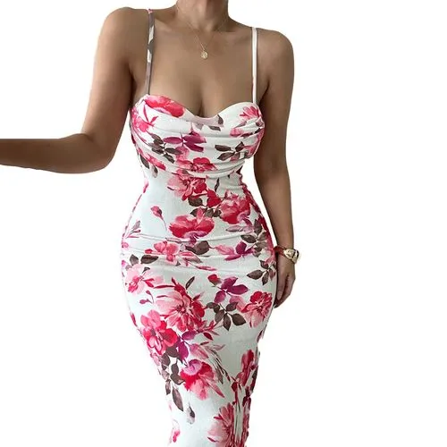 Women's Strap Dress Sexy Streetwear Strap Printing Sleeveless Flower Maxi Long Dress Holiday